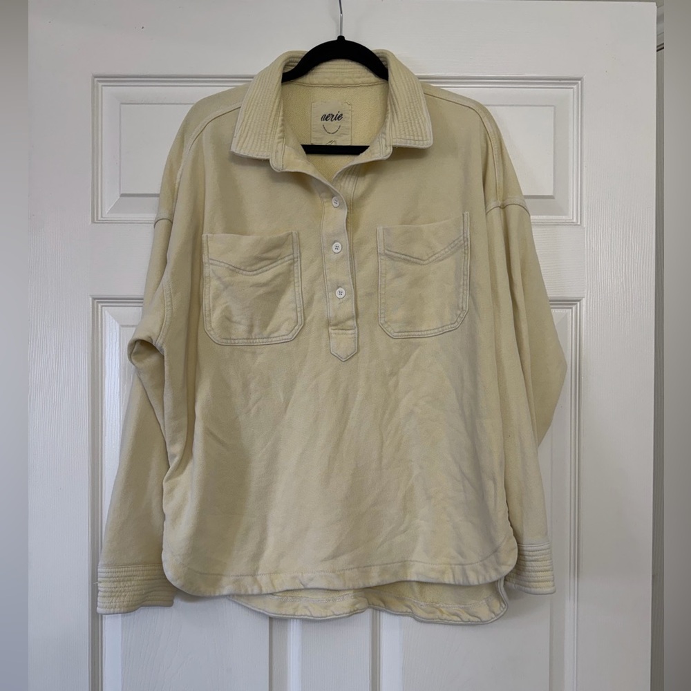 aerie Cream Button-Up Collar Sweatshirt